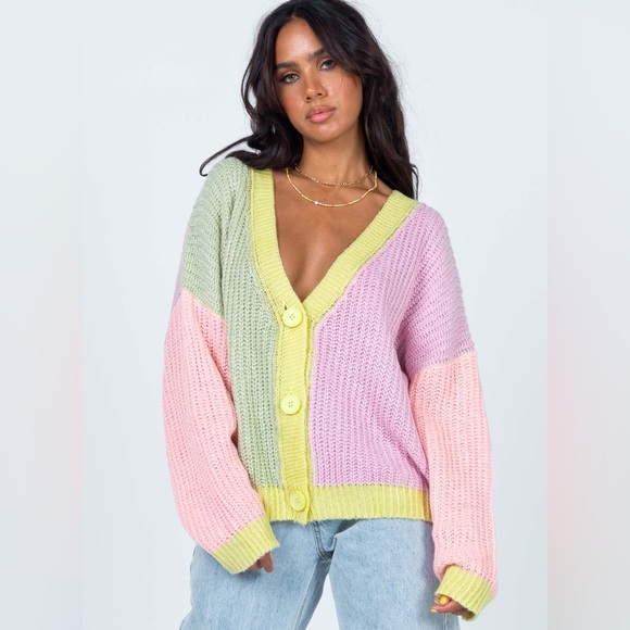 Princess Polly Sweaters - Princess Polly Naomi multicoloured V neck oversized cardigan women’s size L/XL